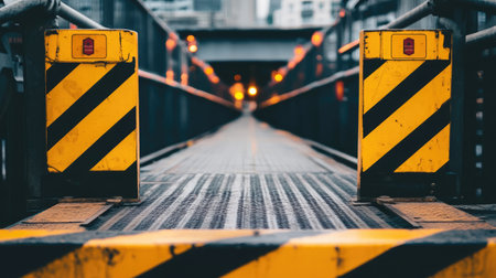 This dynamic image features a low-angle view of an industrial dock, highlighting bold yellow warning barriers and the surrounding urban landscape.の素材