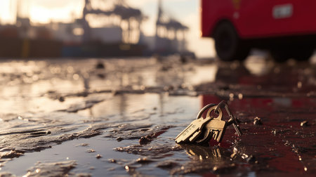 A set of metal keys rests on a wet ground, reflecting the warm light of sunset. Industrial port machinery looms in the background, creating a serene yet dynamic scene.の素材