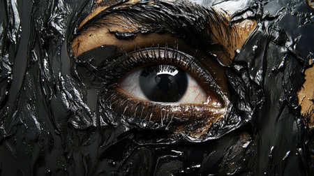This striking close-up captures a mesmerizing eye surrounded by thick black substance, highlighting unique textures and deep emotions set against a dark background.の素材