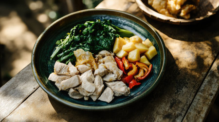A vibrant dish featuring tender chicken breast alongside fresh greens, colorful peppers, and sweet fruits, set on a rustic wooden table in natural light.の素材