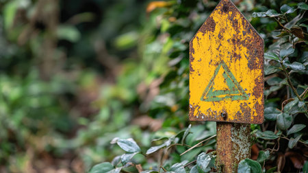 A close-up image of an old yellow warning sign with a triangle symbol, surrounded by lush greenery. The rust provides a rustic charm, perfect for nature-themed projects.の素材