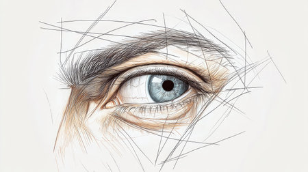 This artwork features an intricate drawing of a human eye, showcasing detailed features like the iris and eyelashes. Artistic lines enhance its visual appeal.の素材