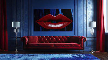 This elegant living room features a striking red sofa paired with artistic lip artwork, set against a bold blue wall, creating a stylish and vibrant atmosphere.の素材