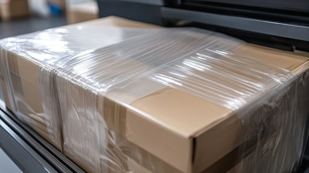 This image showcases wrapped cardboard boxes securely packed and ready for shipment in a modern warehouse, highlighting the importance of efficiency in logistics.の素材
