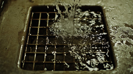 A captivating close-up image of water flowing into a metal grate drain in an industrial setting, showcasing the dynamic movement and texture of the liquid as it cascades over the surface.の素材