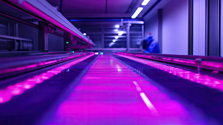 This image showcases an advanced industrial LED lighting system with vibrant pink hues illuminating a production line in a modern facility, emphasizing technological innovation.の素材
