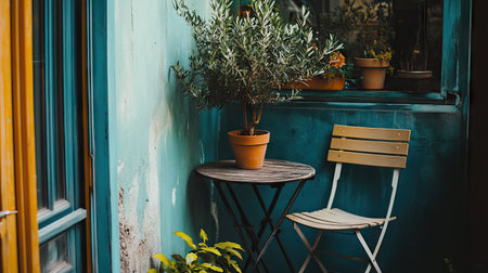 This charming outdoor corner features a simple folding chair and a rustic table adorned with potted plants against a vibrant blue wall, creating a serene ambiance.の素材