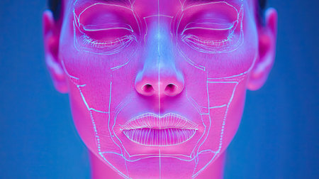 This striking image features a digital representation of a face highlighted by neon lines, embodying themes of technology, art, and modern aesthetics.の素材