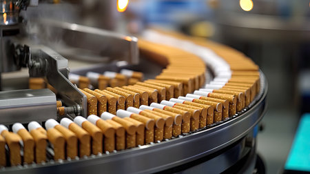 Close-up view of cigarettes moving along a production line in a factory, showcasing an advanced manufacturing process and automated machinery at work.の素材