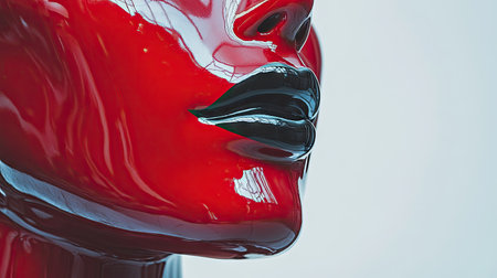 This striking image features a glossy red mannequin head adorned with bold black lipstick, showcasing a unique and artistic approach to fashion display.の素材
