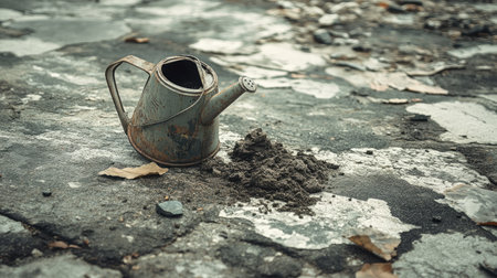 An old rusty watering can rests beside a pile of soil on a weathered concrete surface. The scene reflects a rustic gardening theme and evokes feelings of neglect and decay.の素材