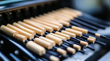 This image showcases an array of exquisitely crafted wooden tools arranged with precision against a dark background, highlighting the artistry and craftsmanship involved in woodwork and creative projects.の素材