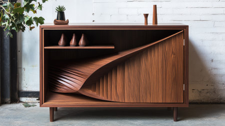 This modern wooden cabinet features a striking design that blends artistry and functionality, enhancing any interior space with its sophisticated appeal.の素材