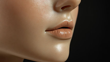 This close-up image captures the glossy lip and smooth skin texture of a mannequin's face, showcasing beauty and elegance against a dark backdrop.の素材