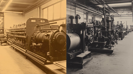 A captivating view of vintage industrial machinery showcased in a historic workshop, highlighting intricate designs and mechanical systems from the past.の素材