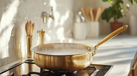 A golden pot filled with milk simmers on a gas stove in a bright and airy kitchen. The sunlight enhances the cozy atmosphere, capturing the essence of home cooking.の素材