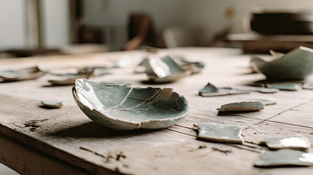 A serene scene capturing broken pottery pieces scattered on a rustic wooden table in an artisan workshop, showcasing the beauty and detail of craftsmanship.の素材