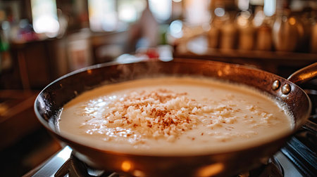 A close-up view of creamy white sauce simmering in a copper pan, topped with ingredients, showcasing the cozy atmosphere of a rustic kitchen.の素材