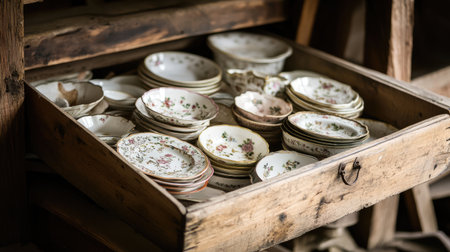 Discover a charming vintage wooden drawer filled with delicate china plates and antique dishware, beautifully arranged for a rustic aesthetic.の素材