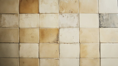 This image showcases a vintage wall composed of used tiles in earthy tones, featuring subtle patina. Ideal for design and renovation themes.の素材