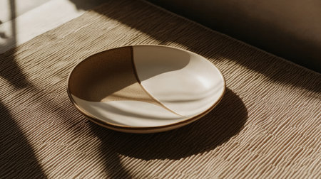 This elegant minimalist ceramic plate features soft patterns and is beautifully lit by natural light, creating gentle shadows on a textured background.の素材