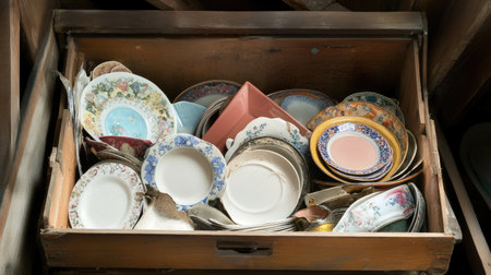 A vintage wooden drawer brimming with a colorful collection of antique plates and cutlery, creating a nostalgic and cozy atmosphere in an attic.の素材