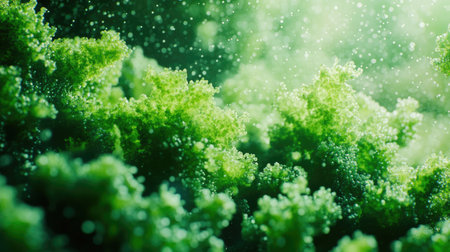 This stunning close-up image showcases lush green moss adorned with sparkling water droplets, capturing the essence of nature's beauty and tranquility.の素材