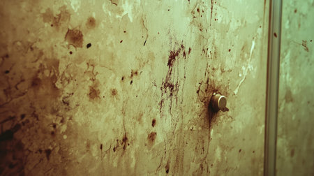 Close-up view of a grungy wall filled with dark stains and textures, creating an eerie and mysterious atmosphere ideal for horror-themed projects.の素材