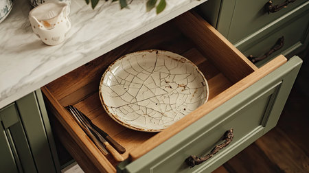 A beautifully arranged kitchen drawer featuring a rustic decorative plate and elegant silverware. Earthy colors and textures create a cozy atmosphere.の素材