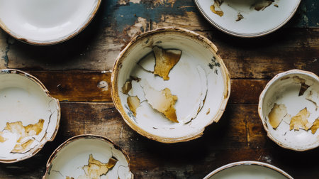 A set of vintage ceramic bowls showcasing intricate cracks and patina, beautifully arranged on a rustic wooden surface, ideal for home decor.の素材