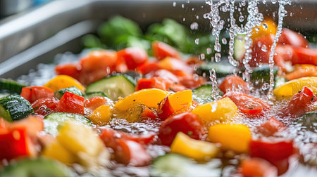 A vibrant assortment of fresh vegetables including tomatoes, cucumbers, and bell peppers being rinsed under water, ready for cooking. Perfect for healthy meal preparation.の素材