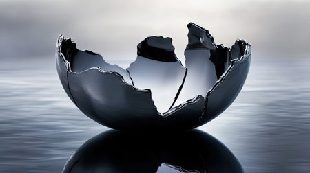 This artistic image captures a shattered black bowl resting on a calm water surface, reflecting its broken edges against a soft cloudy background, evoking a sense of fragility and elegance.の素材