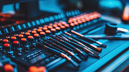 A vibrant collection of makeup brushes neatly arranged on a modern workstation, showcasing creativity and artistry alongside editing equipment in a chic studio setting.の素材