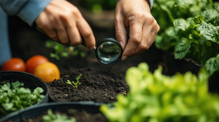 A detailed image capturing hands using a magnifying glass to inspect soil, surrounded by vibrant plants and fresh vegetables in a thriving garden.の素材