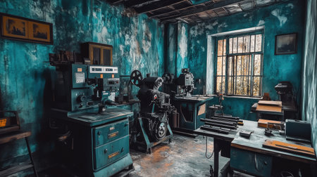 A captivating vintage workshop interior features old machinery against vibrant blue walls, with soft natural light illuminating the unique space and atmosphere.の素材
