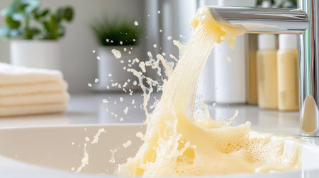 This image captures a modern faucet pouring creamy soap into a bathroom sink, creating bubbles and splashes. The setting is serene and stylish, enhanced by greenery.の素材