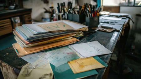 A lively workspace filled with colorful papers, sketches, and artistic tools showcases a creative environment, reflecting the essence of artistic exploration.の素材