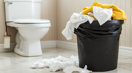 A cluttered bathroom scene featuring an overflowing trash bin filled with paper towels and cloth, emphasizing the need for cleaning and organization.の素材