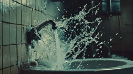 Captivating image of water splashing from a vintage faucet over a sink in a bathroom. The textured tiles add character and evoke a sense of nostalgia.の素材