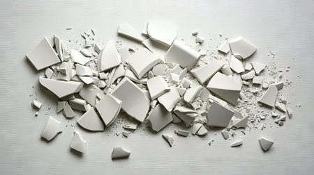 A stunning display of shattered white ceramic pieces, artistically scattered on a subtle textured background, capturing the beauty in chaos and fragmentation.の素材
