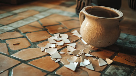 This image captures a broken pottery piece lying on a rustic tiled floor, surrounded by scattered shards. The warm tones and soft natural light create an intriguing atmosphere, highlighting the beauty in imperfection.の素材