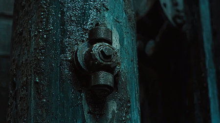This image features a close-up view of a rusted industrial pipe with water stains and grime, captured in a gritty warehouse environment, ideal for urban exploration themes.の素材
