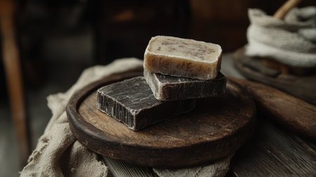 Three handmade soap bars are elegantly stacked on a rustic wooden plate, showcasing natural textures and inviting a serene, cozy atmosphere.の素材