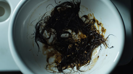 This image showcases an unidentifiable organic material in a bowl, featuring dark threads and surrounding stains. It evokes curiosity about cleanliness and culinary processes.の素材