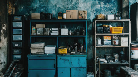 An industrial workshop featuring organized shelves filled with various tools, containers, and supplies against a textured blue wall, highlighting functionality.の素材