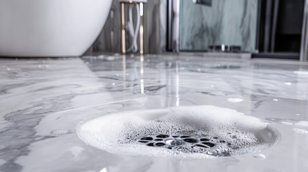 A close-up view of soapy water pooling around a drain in a sleek marble bathroom, showcasing modern design elements and a clean, luxurious atmosphere.の素材