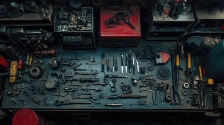 An overhead view of a cluttered workshop table displaying a diverse assortment of hand tools and equipment in various arrangements, highlighting craftsmanship.の素材