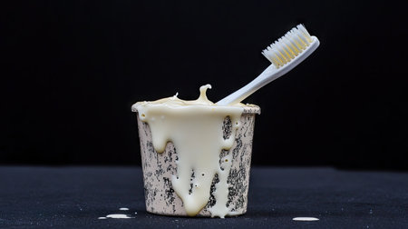 This imaginative stock photo features a toothbrush partially submerged in a cup filled with a creamy substance, showcasing a blend of dental care and creativity against a dark backdrop.の素材