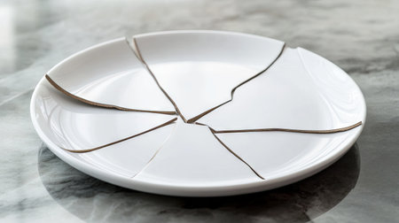 A broken ceramic plate rests on a marble table, revealing sharp shards and cracks that symbolize fragility and the imperfection of everyday objects.の素材