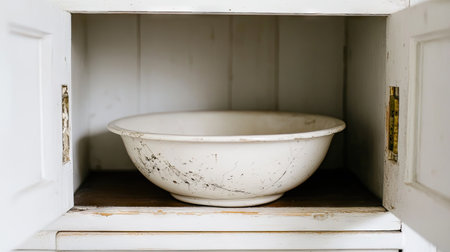 A charming rustic white bowl sits gracefully in a vintage cupboard, showcasing textures and simplicity that add warmth to any home decor.の素材